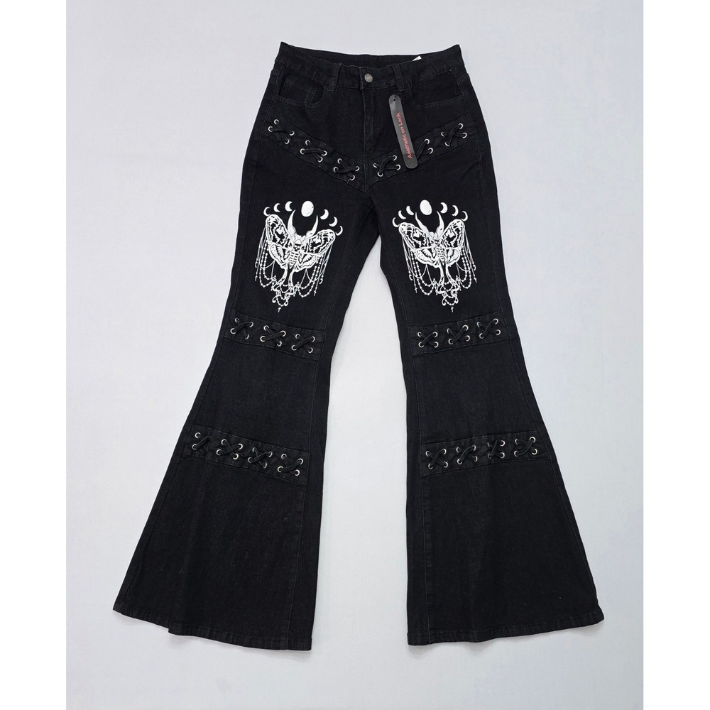 Romwe Womens Black Moth Moon Phase Lace Up Flare Jeans Gothic Alt Bell Bottom L